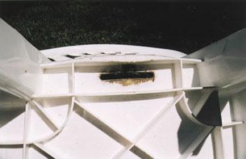 Desarrollo de moho en la parte inferior de una silla de jardín plegable de plástico en un área donde  el agua de lluvia gotea y deposita material orgánico.