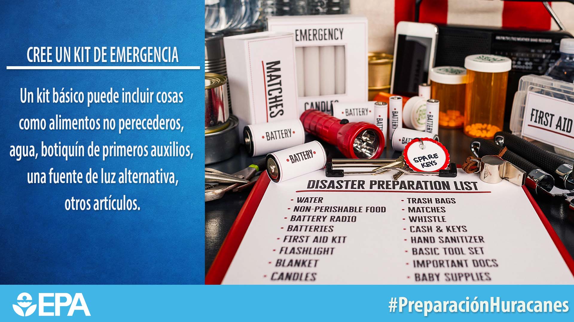 foto con una lista de suministros en ingles con utensilios para emergencias