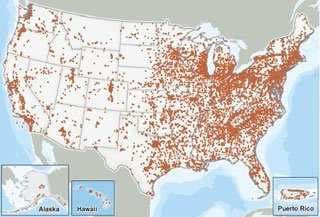 Mapa que muestra la distribución geográfica de las instalaciones de informes del TRI en los Estados Unidos