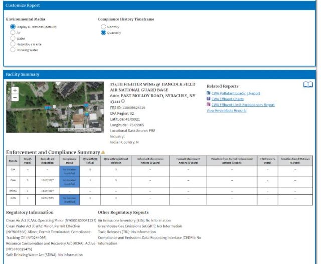 Captura de pantalla del informe de acatamiento y cumplimiento de una instalación en particular