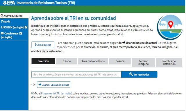 Una captura de pantalla mostrando una de las herramientas que las comunidades pueden utilizar para encontrar datos del TRI