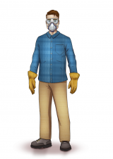 Ilustración de un hombre que usa el equipo apropiado para limpiar las cenizas después de un incendio forestal