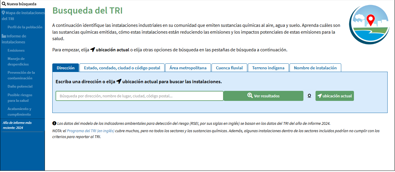 Screenshot of TRI Toxics Tracker initial search interface
