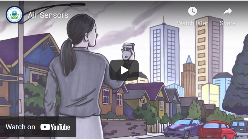 Dibujo de una mujer usando un sensor de aire frente a casas, edificios y autos en una ciudad