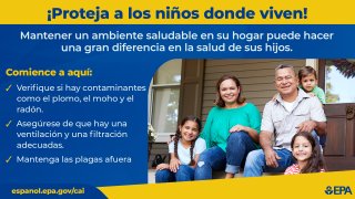 Infografía de salud ambiental infantil. Imagen de una niña soplando burbujas al aire. Texto: La salud ambiental de los niños significa proteger a los niños del daño ambiental donde viven, aprenden y juegan. Los niños son especialmente vulnerables a los contaminantes debido a que: Los sistemas en su cuerpo se están desarrollando Respiran, comen y beben más en relación a su tamaño Los hábitos como jugar al aire libre o gatear /Logotipo de la EPA/